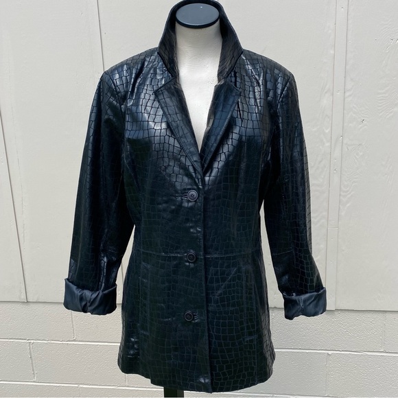 Dialogue Black Leather Jacket Croc Embossed Coat Lined Shimmer Size L Pockets - Picture 15 of 16